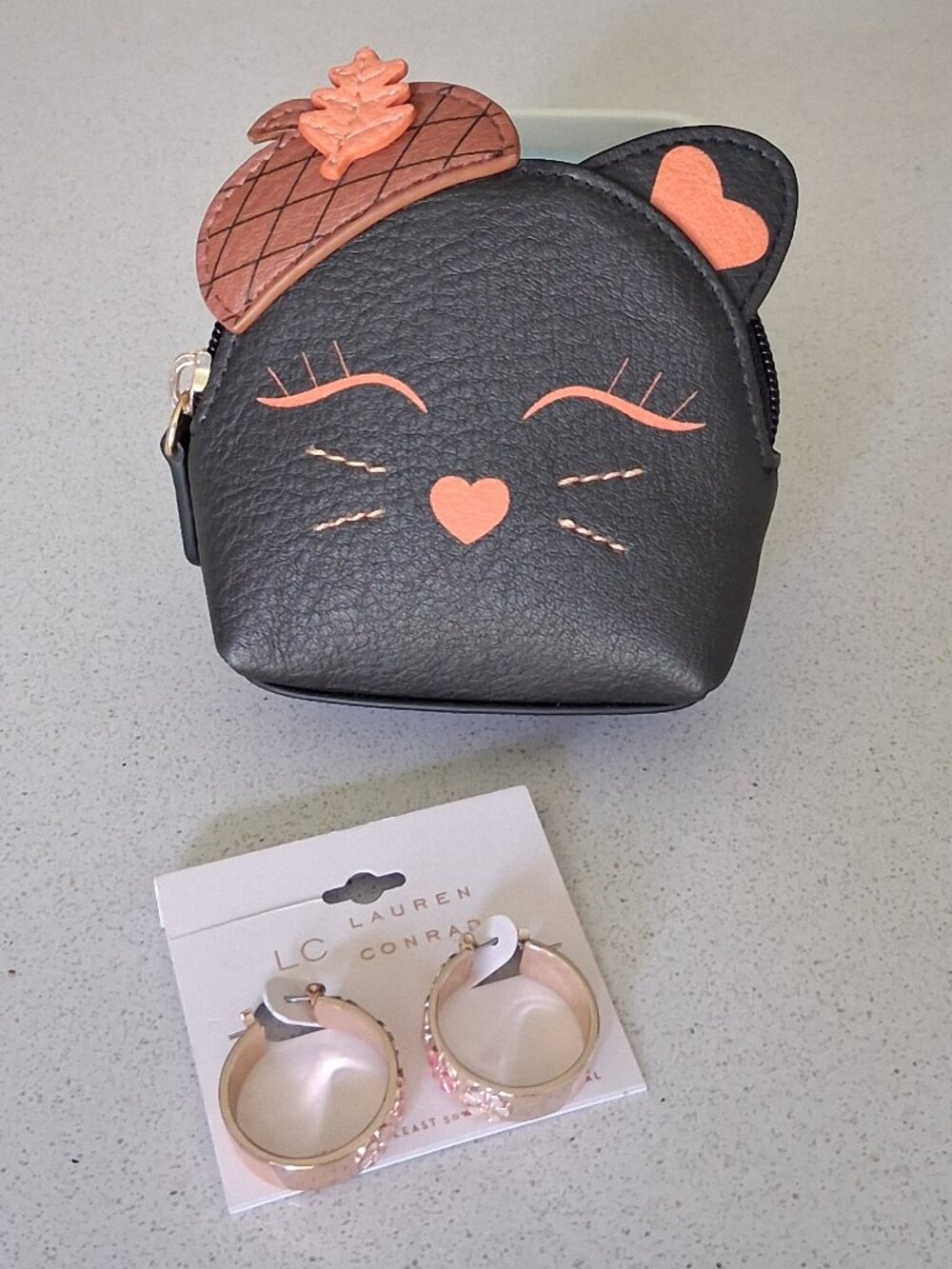 LC Lauren Conrad Acorn Kitty Coin Pouch with Floral Hoop Earrings